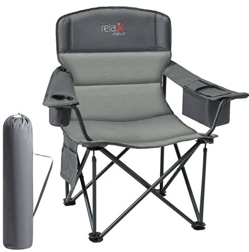 RELAX FIELD Campingstuhl Faltbar 200KG 2er Set mit Getränkehalter und Kühltasche, Klappstuhl Camping, Anglerstuhl Klappbar mit Hohe Rückenlehne, Grau