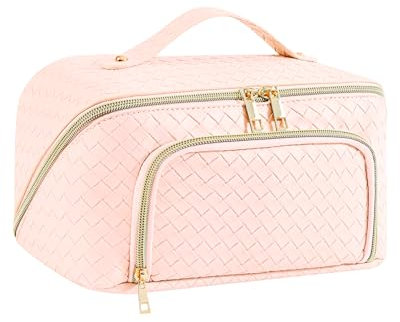 Groß Kosmetiktasche Schminktasche wasserdichte PU-Leder Reise Make-up-Tasche mit Große Weit Offener Tasche für Damen Frauen (Vintage-Pink)