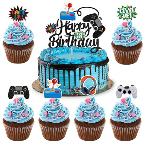 Alovez 25 Stück Videospiel Tortendeko Geburtstag Gaming Cake Topper Playstation Tortendeko Glitzer Spielkonsolen Thema Torten Deko Torten Deko für Kindergeburtstag