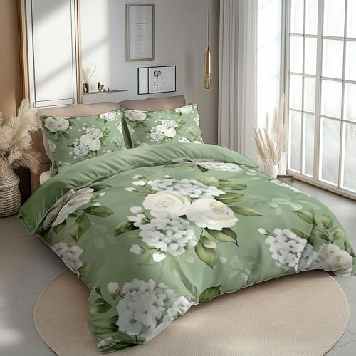 CozyRest Soft Duvet Cover Double Vintage Style Roses And Hydrangeas Bedding Set Light Green Comforter Cover for Kids Adults Modern Bed Set with Hidden Zipper, 2 Pillow Cases
