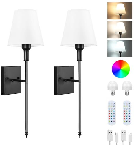 Lightess 2Pcs Battery Operated Wall Lights Indoor for Living Room Wireless Wall Lights Wall Lamp Battery Powered RGB 3 Color Temperatures Dimmable Rechargeable Remote Control 5000mAh,Black