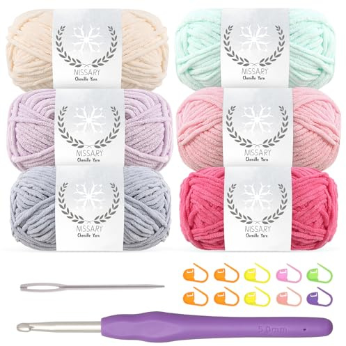 Chenille wolle zum häkeln - 6x50g Flauschige Dicke Wolle Set mit 5mm Häkelnadel, Weiche Häkelwolle für Babyprojekte & Decken, Chenille Garn für Handwerk