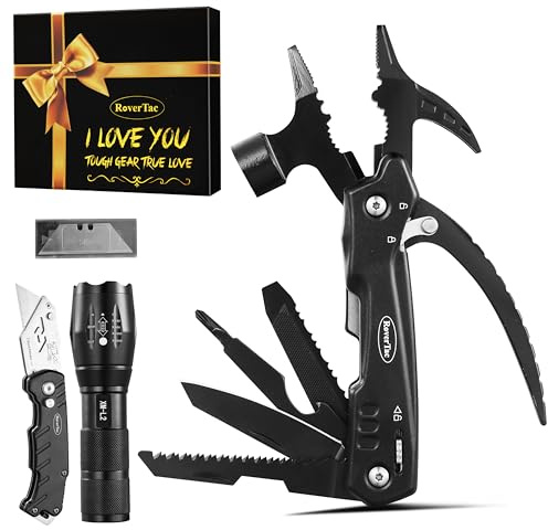 RoverTac Coffret cadeau multitools – Marteau multifonction 12 en 1, lampe torche LED, couteau utilitaire dans un coffret cadeau « I LOVE YOU » – Cadeau pour mari, petit ami, lui, les hommes