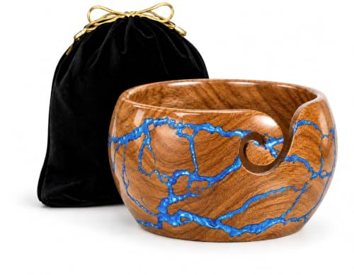 Home Dress Large Yarn Bowl for Crocheting, Indian Rosewood Knitting Wooden Large Yarn Bowl Holder, Handmade Crocheting String Storage Holder, Knitting Crochet Accessories. (Brown + Blue Resin)