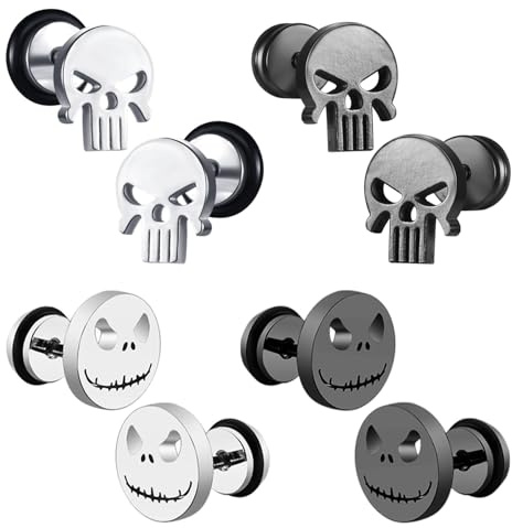 SYEYCW 4 Pairs Skull Earrings, Anti-Allergy Stainless Steel Skull Stud Earring, Punk Style Decorative Earrings, Grimace Earring Set with Screws, Ear Buckles Accessories Novelty Jewellery
