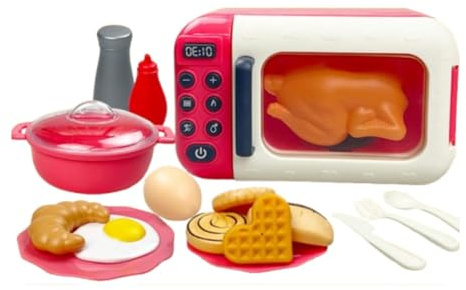 17x Kinder Spielzeug mit Mikrowelle, Spiel Lebensmittel Sets, Pädagogisches, Lustiges Dekorations Rollenspiel, Kochutensilien für Kinder Ab 3 Jahren, Rot