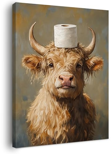 Alptiny Gerahmtes Badezimmer Wandbild 30×40 cm Lustige Highland Kuh Deko für Bad Gäste WC Bilder mit Haken Nägeln und Magischer Klettbefestigung Wanddeko zum Sofort Aufhängen