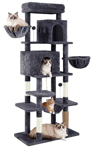 YITAHOME Large Cats Tree Tower, Height 176 cm, XL Cat Tree, Multi-Tier Cat Scratching Post with 2 Caves, 2 Baskets, Hammock, Plush Balls, Cat Brushes, Dark Grey