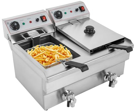 Elektrische Fritteuse, 2 * 10L Doppelfriteuse Gewerbliche Elektrische Bratpfanne Fritteuse Mit 2 KöRben, 6000W Gastro Friteuse Mit Ablasshahn Thermostaten FüR Restaurants, SupermäRkte, Imbissbuden