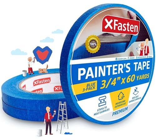 XFasten Professionelles blaues Malerband, Multi-Use, 3/4 Zoll x 60 Yards (3er-Pack) - Erzeugt scharfe Linien und rückstandsfreies, handwerklich sauberes Klebeband für Wandverkleidungen