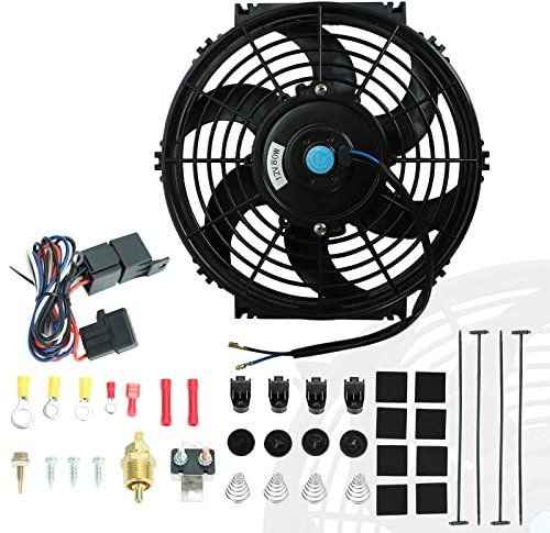 BLACKHORSE-RACING 10 Electric Radiator Fan High 3000 + CFM Thermostat Wiring Switch Relay Kit Black (10 Inch)