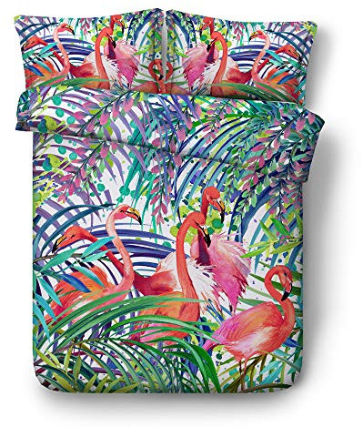 Sticker superb 140x200cm Forêt Vert Feuille Housse de Couette Bambin Fille, 1 Personne Rose Flamant Coton Parures de Lit avec Taie d'oreiller Automne Hiver (Forêt Flamant, 140_x_200_cm)