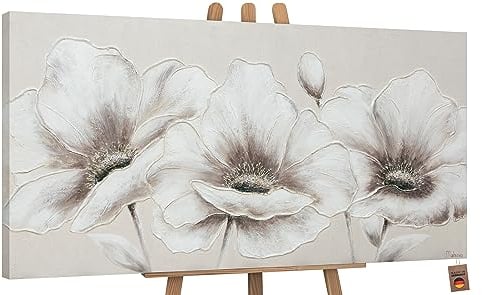 YS-Art XXL Abstrakt Acryl Gemälde auf Leinwand handgemalt Blumen II Wandbilder Wohnzimmer moderne Beige Creme Farbig Wohndekor Bilder echte Kunst 140x70 cm