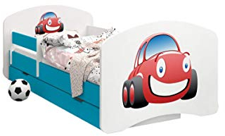 HappyBabies - Doppelseitiges Kinderbett MIT SCHUBLADE Modernes Design mit sicheren Kanten und Absturzsicherung Schaumstoffmatratze 7 cm Blau (Auto, 160x80)