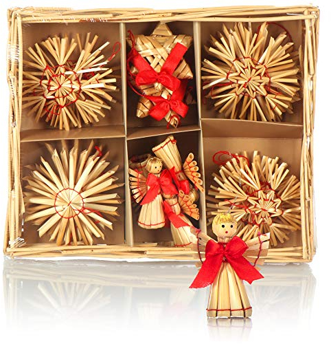 COM-FOUR® 22x Strohsterne im Mix-Set - Christbaum-Schmuck - Stroh-Anhänger für den Weihnachtsbaum - natürlicher Christbaum-Behang - Weihnachtsdekoration (22-teilig - Set1)