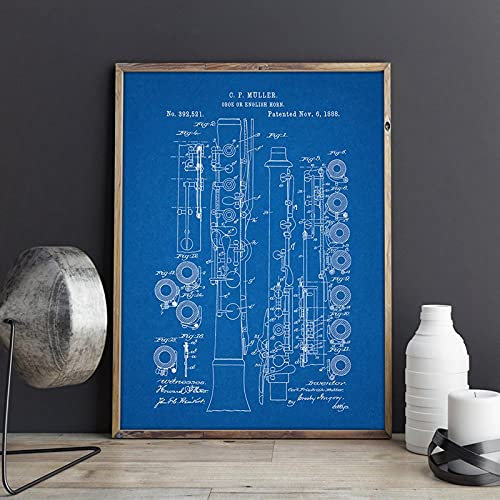 Oboe Instrument Patent Orchestra Wanddruck Musikzimmer Dekor Vintage Blaupause Leinwand Malerei Musik Idee Dekoration 40x60cm (16 x24) Ungerahmt