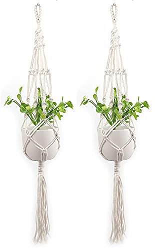 Tiardey 2 Pezzi Appendiabiti per vasi da Fiori in Corda di Cotone Intrecciato Fai da Te, Porta Piante Fatto a Mano per Regalo vasi Rotondi e Quadrati Fiori da Appendere per Interni ed Esterni