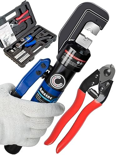 AMZCNC Hydraulic Hand Crimper Tool for Stainless Steel Cable Railing Fittings for 1/16 1/8 3/16 Cable –Wire Swaging Tool 8 Ton and Stainless Steel Cable Cutter,1/8” Wire Rope Crimping Tool