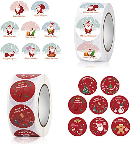 Rolle Weihnachtsaufkleber 1000 Stück,Rund Etiketten Merry Christmas Sticker,Geschenk Aufkleber,Selbstgemacht Aufkleber Label,Sticker Etiketten/Umschlag/Geschenktüten/Papiertüten (2)