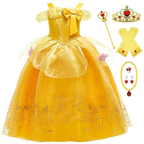 YOSICIL Ragazza Principessa Belle Cosplay Costume Ragazza Compleanno Partito Carnevale Vestiti Abiti Principessa Costumi Vestire Girls Dress Belle Costume Vestito Abiti di Halloween,giallo-6PS,130