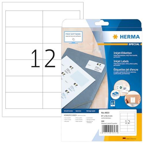 HERMA 4823 Adressetiketten für Inkjet Drucker, 800 Blatt, 97 x 42,3 mm, 12 pro A4 Bogen, 9600 Stück, selbstklebend, bedruckbar, matt, blanko Adressaufkleber Etiketten für Tintenstrahldrucker, weiß