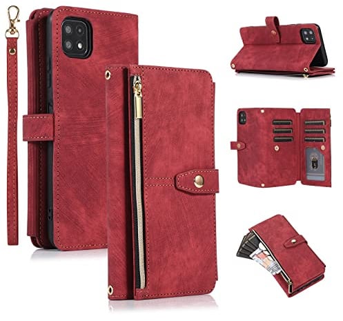 UEEBAI Étui pour Samsung Galaxy A22 5G, Portefeuille Cuir PU Rétro Rabat Antichoc Housse avec Dragonne Fentes Cartes Fonction Support Fermeture Magnétique - Vintage Rouge