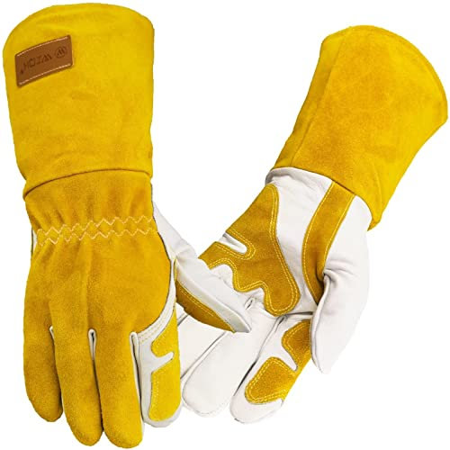 WZQH Professionelle Schweißhandschuhe, verstärkte Handfläche & Daumen & Zeigefinger, Handschuhe für Gartenbau,Haustierbeißschutz,Grill,Ofen,Kamin, feuerwehr,Backen,Herd.14 Zoll,Gelb-Weiß,L