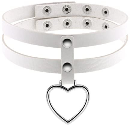 Flongo Tattoo Choker Leder Halsband Lederhalsband Damen Halskette mit Herz Nieten Anhänger Kette Weiß Silber Gothic Punk Rock