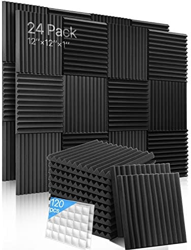 Acoustic Panels 24 Pack Sound Proofing Panels with Stickers Sound Absorbing Panels High Density Acoustic Foam Panels Wedges Tiles For Recording Studios/Offices 12 X 12 X 1
