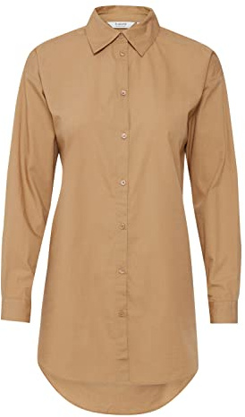 b.young BYGAMZE Damen Langarmshirt Langarmbluse Bluse Hemdbluse mit Stehkragen Langer Schnitt mit Knopfleiste aus 100% Baumwolle Oversize, Größe:36, Farbe:Tannin (171320)