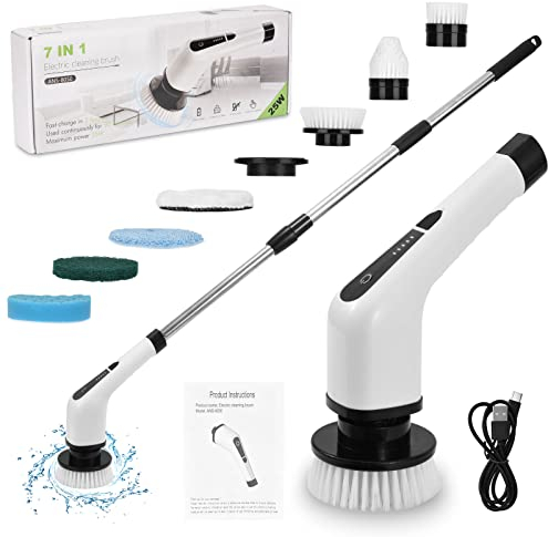 Offfay Electric Spin Scrubber, Cordless Spin Scrubber with 7 Replaceable Brush Heads, 300-400 RPM 360° Rotating Cleaning Brush with Stretchable Handle for Bathtub, Tile Floor, Bathroom, Kitchen, Car