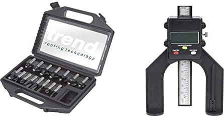 Trend SET/SS9X1/2TC 1/2-inch TC Starter Cutter Set, 15 Pieces & GAUGE/D60 Digital Depth Gauge with 60mm Jaw Opening for Setting Rebates and Grooves, Black, 240V