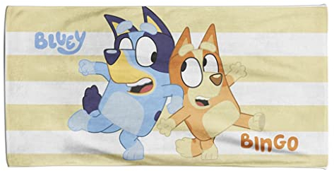 Bluey Toalla de Playa con Rayas de Bingo para niños, natación, Vacaciones, niños, Toalla de baño, Regalo de Programa de televisión, 70 x 140 cm, Azul y Rojo