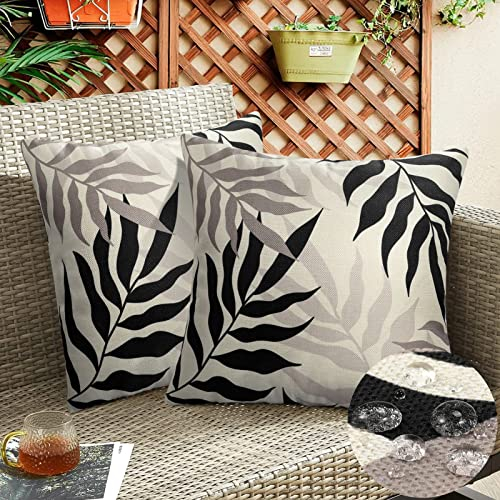 Outdoor Kissenbezug Wasserdicht Schwarz Blattmuster Dekokissen Wasserfeste Kissenbezüge Zierkissen Couchkissen Bezug für Sofa Couch Schlafzimmer 2er Set 50x50 cm Kissenbezug Grau für Sofa Kissenhülle