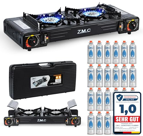 Z.M.C Premium Camping Gaskocher 2-flammig + 24 Gaskartuschen 227g, Campingkocher mit Transportkoffer für Outdoor und Innenraum, Balkon Kocher, Doppelgaskocher mit Piezozündung