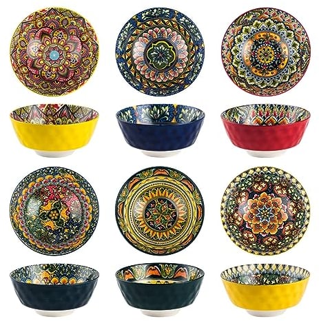Henten Home Salatschüsseln, 6 Stück Schale Bunt Keramik - 750ml, Schalen & Schüsseln für Muesli | Pasta | Salat | Suppe | Cornflakes | Frühstück, Tafelservice Böhmischer Stil
