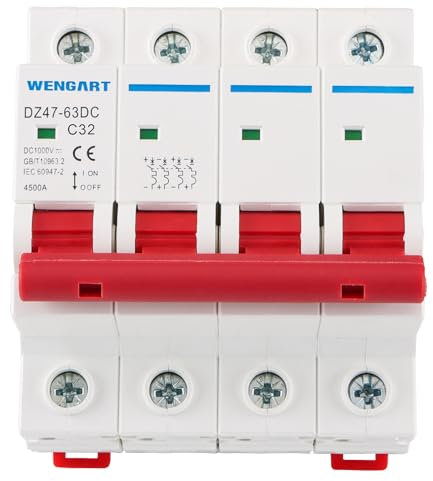 Wengart PV Sicherungsautomat DC1000V 32A 4 Polig, DC Miniatur-Leistungsschutzschalter Schutzluftschalter 35mm DIN-Schienenmontage für Solar-PV-Anlage Solarzellen Gittersystem