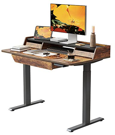 FEZIBO Elektrischer Stehschreibtisch, 120 x 65 cm Höhenverstellbarer Tisch, Ergonomische Büromöbel mit 3 Schubladen, Schwarzer Rahmen/Rustikale Braune Tischplatte