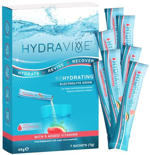 Hydravive® Rehydration Electrolytes Powder - High Strength Vitamin C and All 8 B Vitamins: B1, B3, B5, B12 Supplement Sachet Drink - Effervescent Electrolyte Hydration Tablets - 7 Pack Watermelon