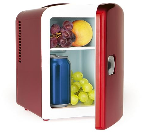 GOURMETmaxx Mini frigorifero dal design retrò, ideale per alimenti, bevande, lattine e articoli di bellezza, minibar con volume di 4 litri, alimentazione variabile [rosso]
