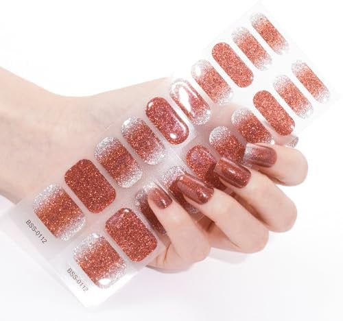 20PCS Semi Cured Gel Nails Gel Nail Stickers - Semi Cured Gel Nails Strips - Semi Cured Gel Nail Wraps - Glossy & Long Lasting Gel Nail Stickers Need UV Light (Brown Shiny Gradient Style)