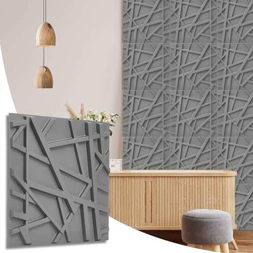 NOVECRAFTO Geometric Effect 3D Wall Panels - 6 Sheets Covering 1.5 sqm | 16.15 sqf Interior Cladding Panels Set | 3D Wall Tiles Geometric Line Design in Matt Grey - Each Panel Size 19.6 x 19.6