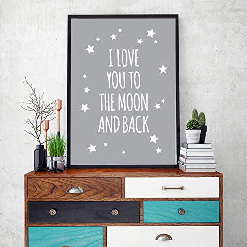 STUKE Wanddeko Wohnzimmer Klassisches Zitat „I Love You To The Moon and Back“ Wand Bilder für Kinderzimmer LeinWandbild Cartoon Poster Bilder für Kinderzimmer 50x70cm Ohne Rahmen