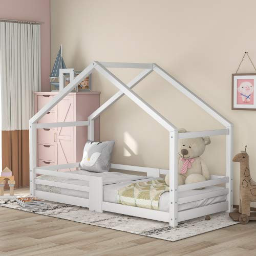 LUMLAM Kinderbett Hausbett mit Schornstein Rausfallschutz Robuste Lattenroste,Kiefernholz Haus Bett für Jungen und Mädchen 90 x 200CM (Weiß) LUT-999H