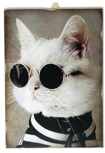 KUSTOM ART Bild mit Werbeserie (Katze mit Brille), Kunstdruck, Laserdruck auf MDF-Holz, 25 x 18 cm, Laserdruck auf MDF-Holz, 25 x 18 cm