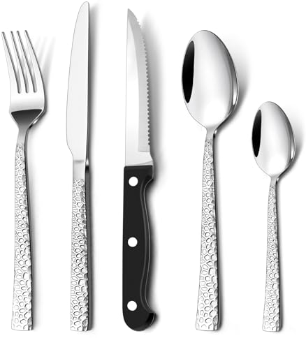 20 Piece Cutlery Sets with Steak Knives, Homikit Stainless Steel Hammered Flatware Set Included Knives Forks Spoons, Service for 4 People, Mirror Polished & Dishwasher Safe