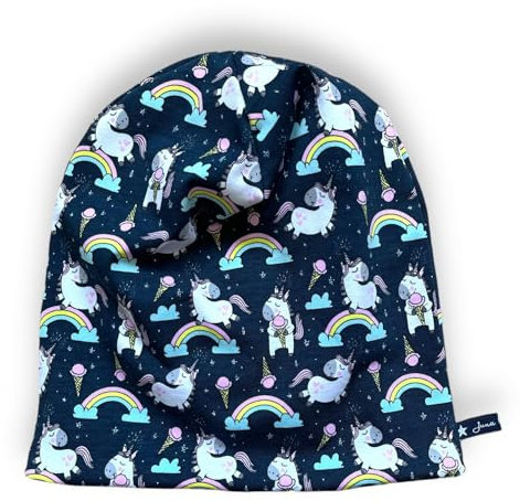 Beaniemütze Einhorn Einhörner Regenbogen Wolken Zauber Navy Rosa Türkis Jersey 37 39 41 43 45 47 49 51 53 55 Baby Kleinkind Kind Beanie Wendemütze