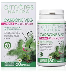 Armores Natura Integratori Alimentari, Carbone Vegetale Complex, per la Riduzione Del Gonfiore, con Carbone Attivo ed Estratti Vegetali di Camomilla, Anice Stellato, Cumino e Menta, 60 capsule