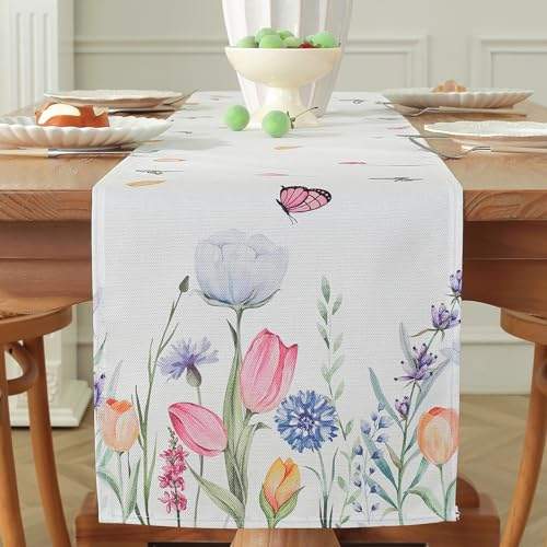 meioro Bunte Blume Tulpe Schmetterling Tischläufer, 30x140cm Saisonale Tischwäsche, Frühling Sommer Hochzeit Tischdecke für Küche Essen Urlaub Party Tischdekoration