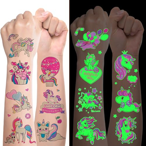 Einhorn Tattoos Mädchen, 20 Blätter Leuchtende Kinder Tattoos für Mädchen, Glitzer, Tattoos für Kinder, Einhorn Mitgebsel, Geburtstagsdeko, Kleines Einhorn Geschenke für